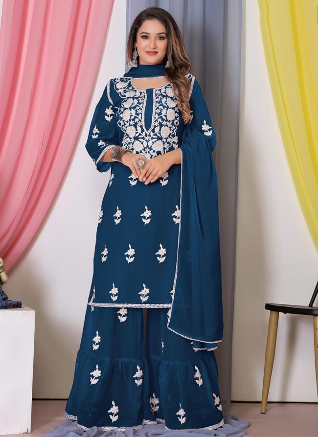 Georgette Blue Traditional Wear Embroidery Work Readymade Sharara Suit